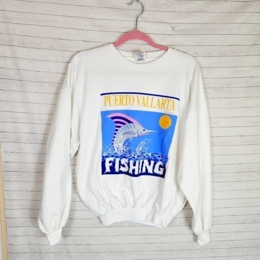 VINTAGE PUERTO VALLARTA MEXICO FISHING SWEATSHIRT, W POCKETS, SZ MEDIUM